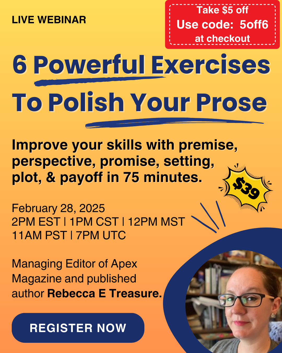 Join Apex Magazine Managing Editor Rebecca Treasure to dive deep into six vital elements of writing fiction. Do powerful exercises to improve your skills with premise, perspective, promise, setting, plot, and payoff.