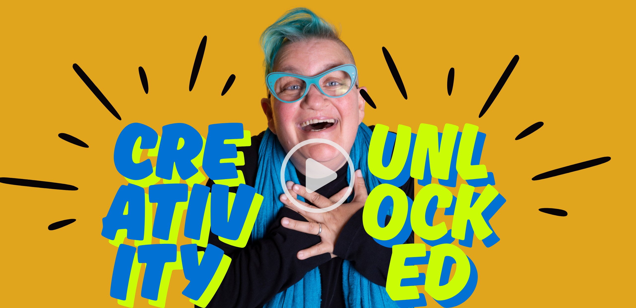 Photo portrait of Sage Tyrtle. They have super short hair except for a shock of torquoise fringe. They're wearing matching torquoise eyeglasses and are smiling broadly. The title reads, "Creativity Unlocked."